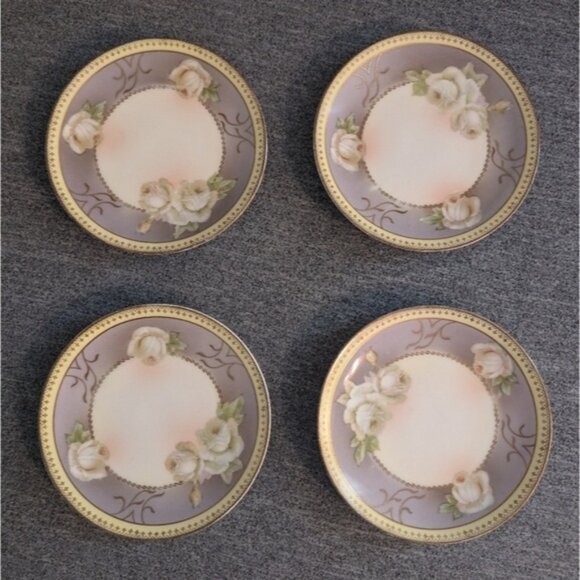 Antique Hanusch and Bernhart Porcelain Dessert/Side Plate, White Roses, Set of 4